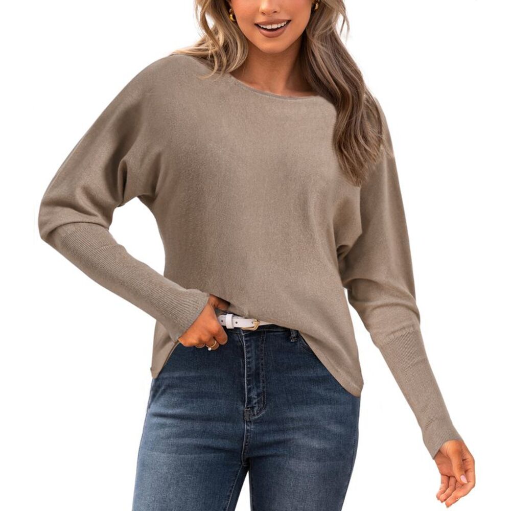 Women Oversized Batwing Boat Neck Knit Sweater Fall Outfits Top Brown